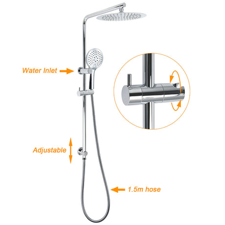 250mm Rain Shower Head Round Handheld Sliding Rail Diverter Arm 2in1 Set Chrome