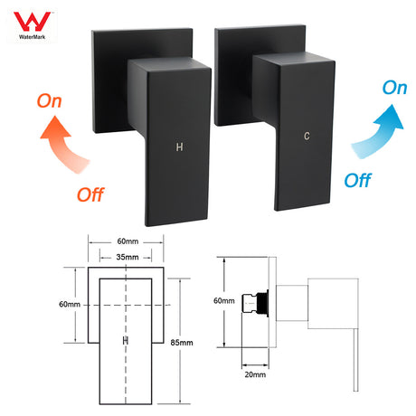 Matt Black Brass 1/4 Turn Round Hot Cold Tap Wall Set For Shower Vanity Spout