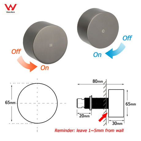 Gun Metal Grey 1/4 Turn Round Hot Cold Tap Wall Set Shower Vanity Spout Switch