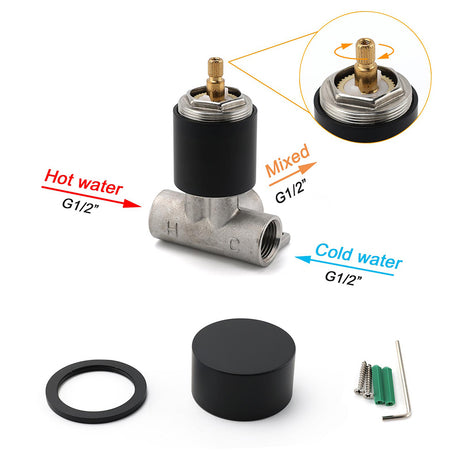 Matt Black Round Knob Concealed Shower Mixer Valve Hot Cold Water Switch Tap Kit