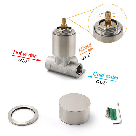 Brushed Nickel Bath Shower Mixer Round 1/4 Knob Hot Cold Tap Cartridge Spindle
