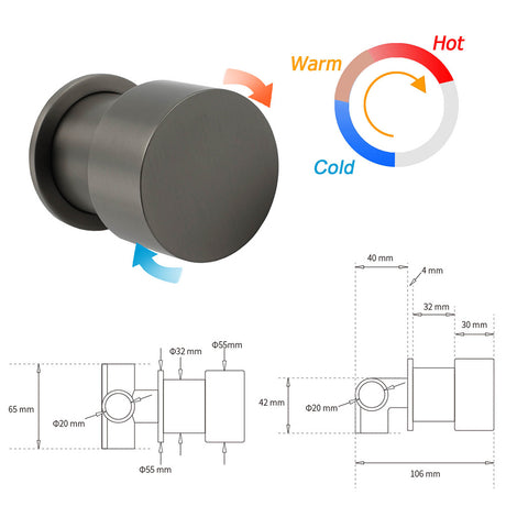Gun Metal Round 1/4 Knob Handle Wall Mounted Shower Hot Cold Water Mixer Tap Kit