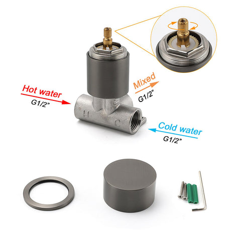 Gun Metal Round 1/4 Knob Handle Wall Mounted Shower Hot Cold Water Mixer Tap Kit