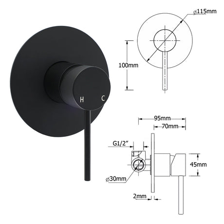 Matt Black Round Bath Concealed Shower Mixer Valve Hot Cold Water Tap Watermark