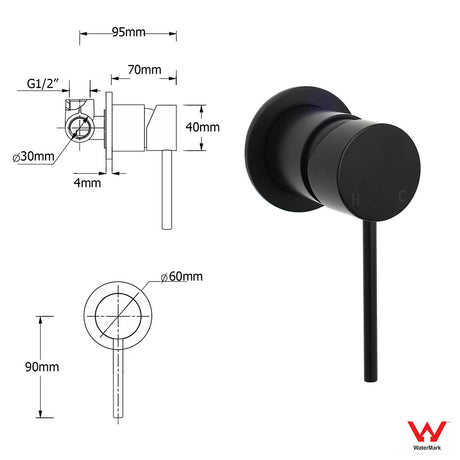 Watermark Matt Black Round Bath Shower Mixer Valve Hot Cold Water Tap Small Face