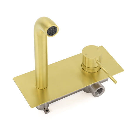 Brushed Gold Round Wall Mounted Basin Mixer Vanity Sink Tap Faucet Curve Spout