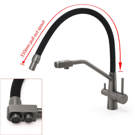 NEW Gun Metal Grey 3-Way Drink Pure Water Kitchen Mixer Pull Out Spout Sink Tap