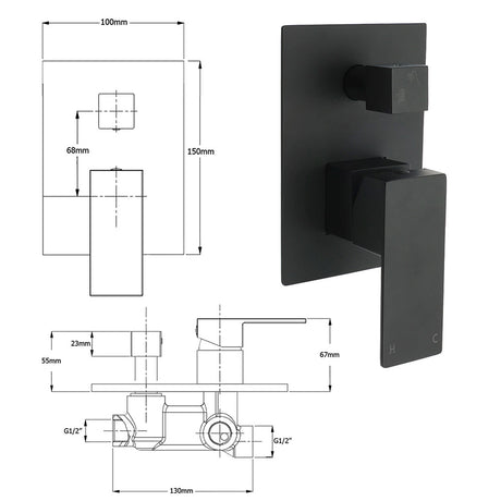 Matt Black Square Stainless Steel Shower Mixer 2 Way Bath Set Diverter Watermark