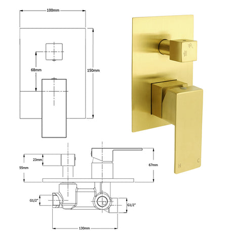 Watermark 1/2 Inch Shower Mixer Diverter Brushed Gold Square Stainless Steel Set