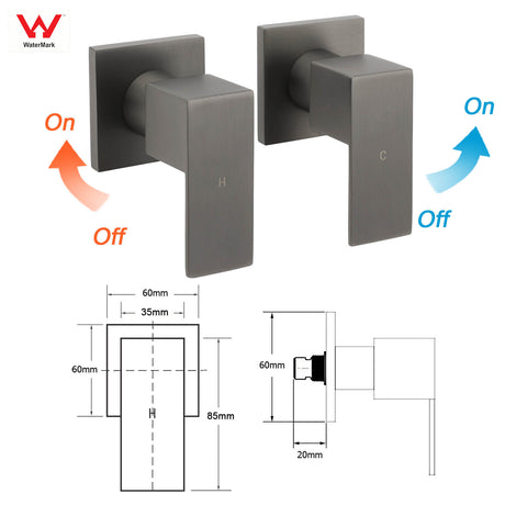 Gun Metal Grey Square 1/4 Quarter Turn Wall Twin Taps For Shower Basin Spout Set