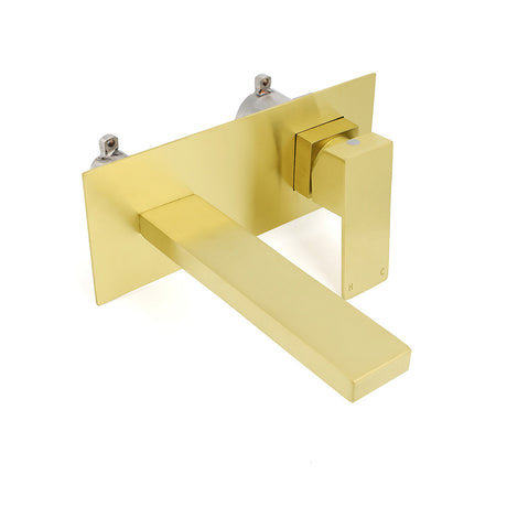 Brushed Gold Square Wall Mount Basin Mixer Laundry Vanity Tap Spout Faucet Set
