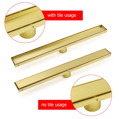 Brushed Gold 600mm Tile Insert Linear Shower Grate Floor Drain 50mm Outlet Waste