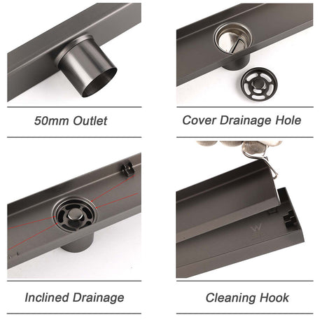 Gun Metal Bathroom Tile Insert 800mm Linear Shower Grate Floor Drain 50mm Waste