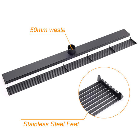 Matt Black 600mm Strip Fence Sword Shower Grate Floor Drain 50mm Waste Outlet