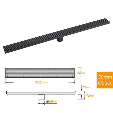 Matt Black 800mm Strip Fence Shower Grate Floor Drain Central 50mm Waste Outlet
