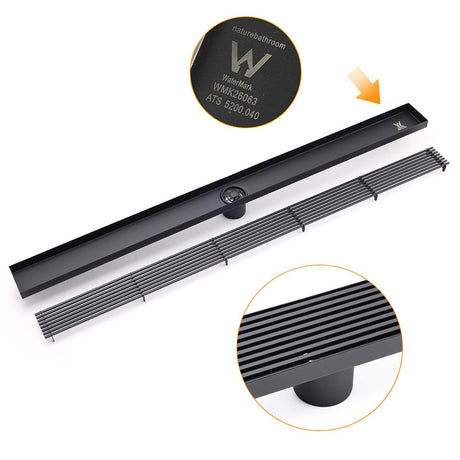 Matt Black 800mm Strip Fence Shower Grate Floor Drain Central 50mm Waste Outlet