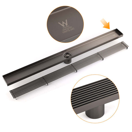 Watermark Gun Metal 800mm Strip Fence Linear Shower Grate Floor Drain 50mm Waste