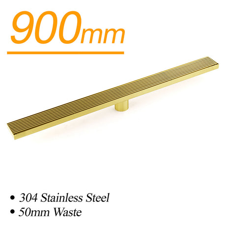 Brushed Gold SUS 900mm Strip Fence Bathroom Floor Shower Grate Drain 50mm Outlet