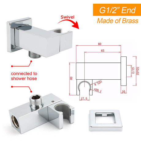 Chrome Square Water Inlet Shower Rose Bracket Swivel Holder Wall Elbow Connector G1/2