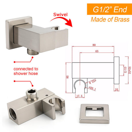 Brushed Nickel Square Bracket Flexible Shower Head Holder Wall Connector 1/2