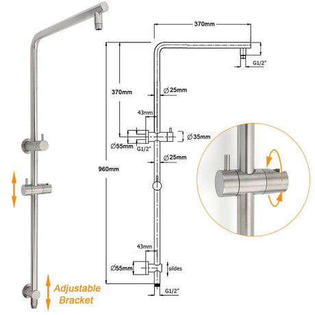 WELS Brushed Nickel 2in1 Shower Set Sliding Rail Arm 8
