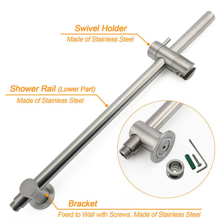 WELS Brushed Nickel 2in1 Shower Set Sliding Rail Arm 8