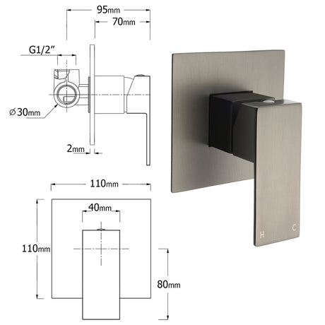 WELS Gun Metal 2in1 Shower Set Square 12