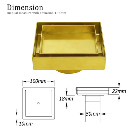 Brushed Gold 100mm Square Tile Insert Floor Drain Tiny Shower Grate 50mm Waste