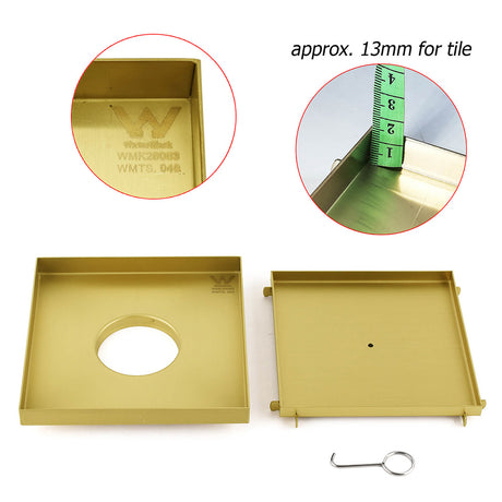 Brushed Gold Large 200mm Tile Insert Bathroom Floor Drain Grate 80mm Waste Outet