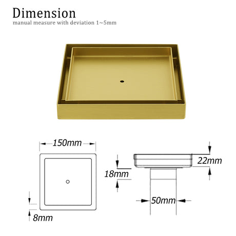 Brushed Gold Square 150x150mm Tile Insert Floor Drain Shower Grate 50mm Waste