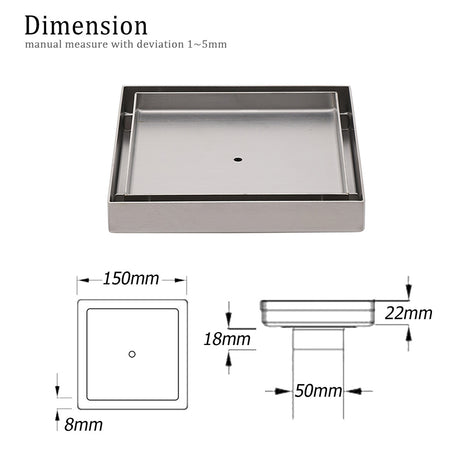 150x150mm Square Tile Insert Floor Drain Stainless Steel Shower Grate 50mm Waste