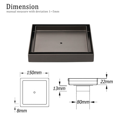 Bathroom Gun Metal 150mm Tile Insert Floor Drain Shower Grate 80mm Waste Outlet