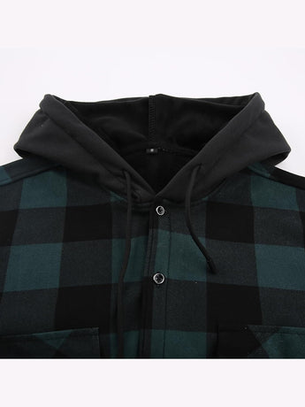 Men's Plaid Shirt Padded Warm Lined Plaid Shirts Men's Casual Plaid Shirt with Pockets Men's Hooded Plaid Jacket Green XL