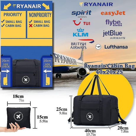 Cabin Bag 40x20x25 cm for Ryanair Approved Size Foldable Travel Bag Duffel Bag Under Seat Luggage Holder-Xin