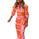 Women's Plus Size Long Sleeve Printed Lapel Tie Shirt Wrap Midi Dress (Orange and Pink S)