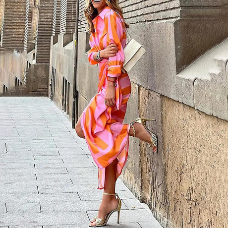 Women's Plus Size Long Sleeve Printed Lapel Tie Shirt Wrap Midi Dress (Orange and Pink S)