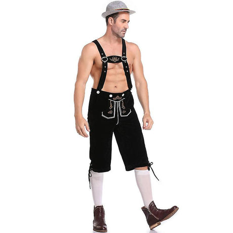 Men's Lederhosen - Genuine Leather, Authentic German Lederhosen for Men, Oktoberfest Outfit - Black-XF7- Black L