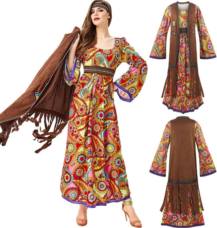60s costume women, hippie women's dress set, 70s disco halloween outfits, hippie clothing women's costume, 60s clothing accessories L