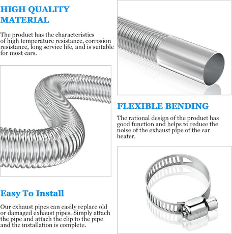 Air heater hose, 300 cm Ø 2.5 cm stainless steel exhaust pipe, parking heater pipe with 2 hose clamps, for parking heater 300CM