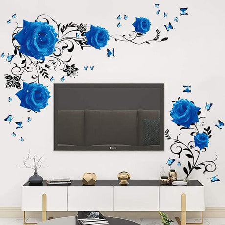 Wall Decal, Blue Rose Wall Stickers Blue Peony Floral Wall Decor Vinyl Wall Art for Bedroom TV Wall Decor