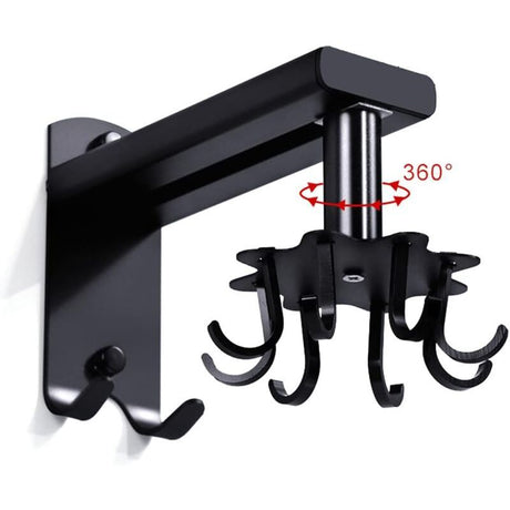Rotating Wall Hook for Kitchen, 360 Rotatable Kitchen Utensil Holder, Wall Mounted Kitchen Utensil Holder with 8 Hooks for Bathroom and Kitchen, Black