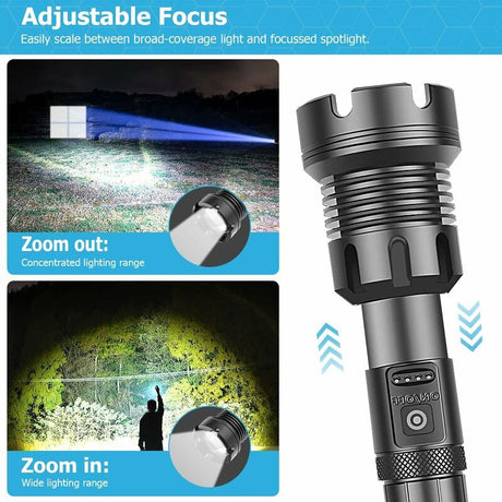 LED Tactical Flashlight 90000 Lumens COB USB Rechargeable IP65 Waterproof with 10000mAh Battery