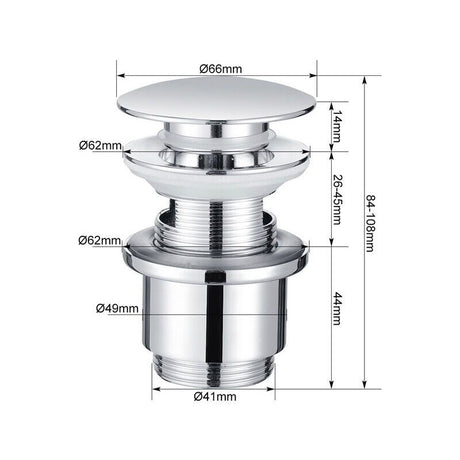 Chrome Copper Pop Up Sink Drain with Universal Automatic Overflow Large Drainage
