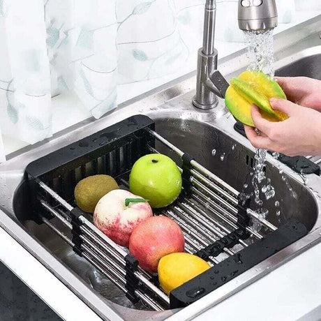 Drain Basket, Sink Drainer, Stainless Steel Telescopic Drainer, for Washing Dishes in the Kitchen Sink, Draining Fruits and Vegetables, Black, S