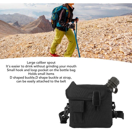 Outdoor Water Bottle Large Capacity Portable Flat Camping Water Bottle with Waist Bag for Outdoor Sports Hiking Black, 1.5 L