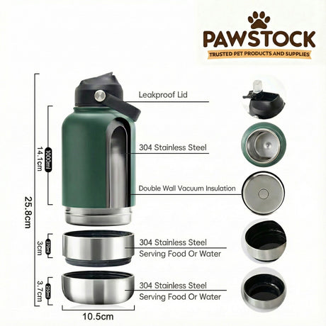 Pawstock 3-in-1 Insulated Dog Water Bottle with Dual Bowls – 1L Stainless Steel Travel Bottle-Aqua