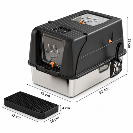 Black Large Stainless Steel Cat Litter Box, Foldable Covered Cat Litter Tray with Square Top & Square Door, Front Entry Top Exit, Anti Tracking Mat, Scoop and Charcoal Filter