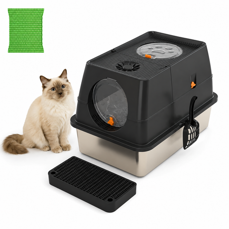 Black Extra Large Stainless Steel Cat Litter Box, Foldable Covered Cat Litter Tray with Round Top & Round Door, Front Entry Top Exit, Anti Tracking Mat, Scoop and Charcoal Filter