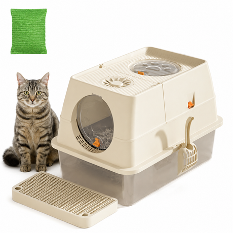 Cream White Extra Large Stainless Steel Cat Litter Box, Foldable Covered Cat Litter Tray with Round Top & Round Door, Front Entry Top Exit, Anti Tracking Mat, Scoop and Charcoal Filter