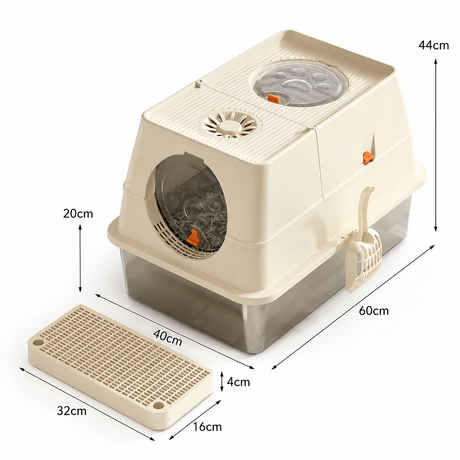 Cream White Extra Large Stainless Steel Cat Litter Box, Foldable Covered Cat Litter Tray with Round Top & Round Door, Front Entry Top Exit, Anti Tracking Mat, Scoop and Charcoal Filter